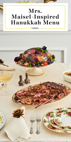 a table topped with plates and dishes covered in food next to a turkey on a platter