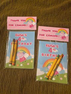 two peppa pig birthday cards with pencils in front of them and thank you for coming