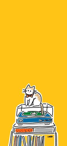 a drawing of a cat sitting on top of a record player in front of a yellow background