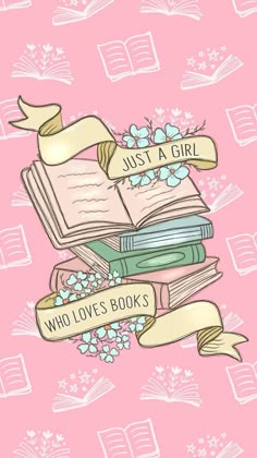 a pink background with books and flowers on it