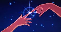 two hands reaching towards each other in front of stars