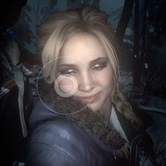 a woman with blonde hair and blue eyes is wearing a leather jacket in the dark