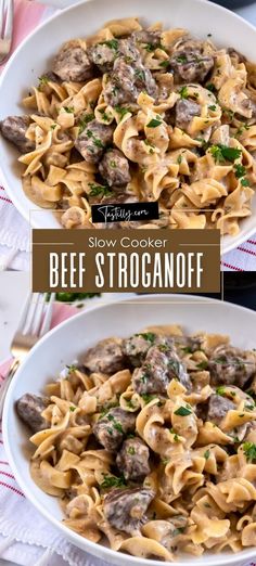 two bowls filled with beef stroganooffe pasta on top of a red and white table cloth