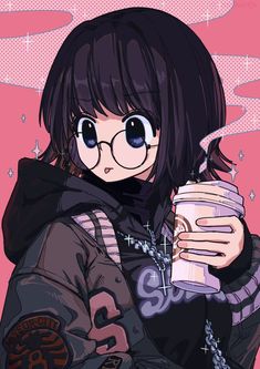 a girl with glasses holding a coffee cup