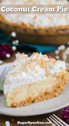 a slice of coconut cream pie on a plate