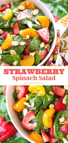 strawberry spinach salad with oranges, strawberries and almonds in a white bowl