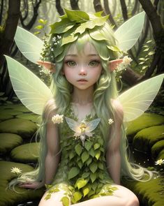 a fairy sitting on the ground with flowers in her hair and green leaves around her body