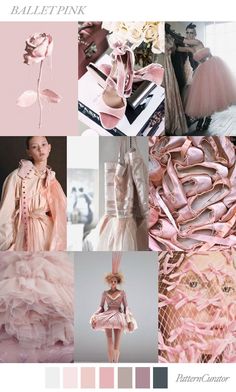 a collage of pink and white images with flowers, dresses, and other items