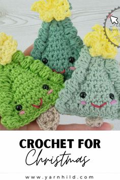 three crocheted christmas trees with the words crochet for christmas written below