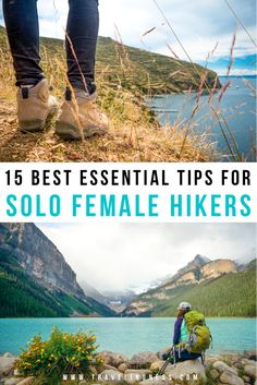 A pair of hiking boots on cliff by the ocean and a female hiker sitting at the edge of a gorgeous lake with mountains in the background. Beginner Backpacking, Women Hiking, Solo Travel Tips, Backpacking Tips, Jw Marriott, Camping Essentials, Solo Female Travel, Backpacking Travel