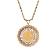 Finely detailed vintage diamond coin medallion necklace crafted in 14 karat yellow gold (the coin is 90% gold). The necklace is circa 1960s to 1970s.  Single cut diamonds total an estimated 0.26 carats (estimated at G-H colour and VS2 clarity).  The stylish necklace features a 1906 coronet head $5 half eagle coin, set into the large round medallion pendant and surrounded with diamonds. The pendant comes with a long 24.5 inch rope chain. The necklace is great worn alone or layered with your fine Vintage Diamond Medallion Jewelry, Vintage Yellow Gold Round Coin Necklace, Vintage Round Diamond Necklace, Yellow Gold Coin Necklace For Anniversary, Gold Medallion Diamond Necklace, Gold Diamond Medallion Necklace, Vintage Gold Necklace With Single Cut Diamonds, Heirloom Medallion Diamond Necklace, Heirloom Diamond Medallion Necklace