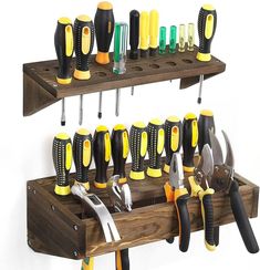 there are many tools that are on the shelf and in the holder for each tool