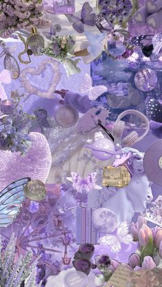 a collage of purple flowers and other items