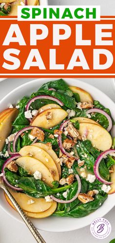 spinach apple salad in a white bowl