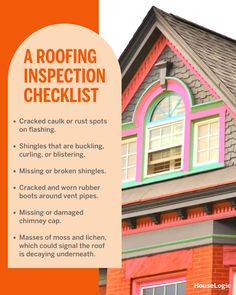 the roofing inspection checklist is displayed in front of a red brick building with pink trim