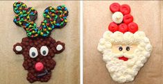 two pictures of christmas decorations made to look like santa claus and reindeers with sprinkles on their ears