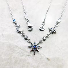 Nwot Sterling Silver Stars And Moon Necklace 18” Star And Moon Necklace, Moon Necklace, Silver Stars, Stars And Moon, Blue And Silver, Womens Jewelry Necklace, Onyx, Moon, Opal