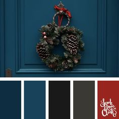 a blue front door with a wreath and red bow on it, surrounded by other color swatches