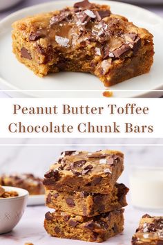 peanut butter toffee chocolate chunk bars are stacked on top of each other and ready to be eaten