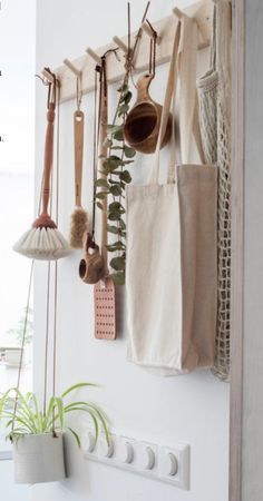 there are many items hanging from the hooks on the wall next to the potted plant