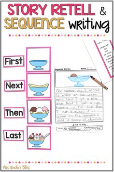 the story retell and sequence writing worksheet is shown with pictures on it