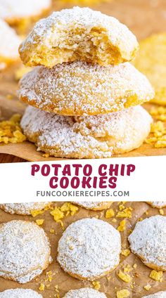 a stack of powdered sugar cookies on top of each other with the words potato chip cookies above them