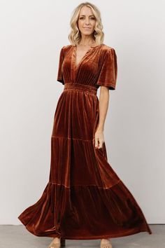 Stunning dark spice velvet maxi gown. This color is always fashionable! Baltic Born Velvet Wrap Dress, Rust Velvet Dress, 34c Size, Photo Clothes, Wedding Fits, Orange Bridesmaid, Long Wrap Dress, Formal Bridesmaids Dresses, Perfect Bridesmaid Dress