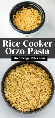 rice cooker orzo pasta in a pan with the words rice cooker orzo pasta