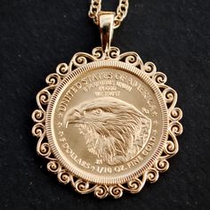 "You are looking at a gorgeous solid gold necklace, set with an authentic US 2021 1/10 oz Gold American Eagle Gem BU Uncirculated Coin - showing REVERSE in front. Obverse: Adapted from Augustus Saint-Gaudens' famed Gold Double Eagle design, which features Lady Liberty with flowing hair, a torch in her right hand, and an olive branch in her left. The Type 2 design features added details from the original bronze cast to enhance this beloved design. Reverse: a bold close-up portrait of an eagle, de Gold Coins For Sale, Gold Coin Ring, Gold Bullion Coins, Double Eagle, Uncirculated Coins, Flowing Hair, Expensive Jewelry Luxury, Eagle Design, Solid Gold Necklace