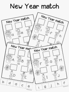 three new year's eve match worksheets for children to practice letters and numbers