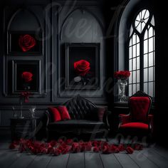 a black and red room with roses on the floor