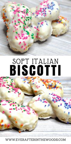 some cookies with sprinkles on them and the words soft italian biscotti