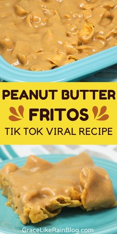 peanut butter fritos on a blue plate with text overlay