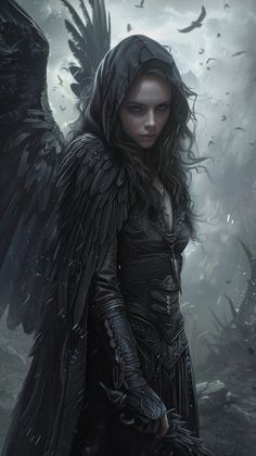 a woman with black wings standing in the rain