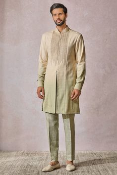 Ombre kurta with hand embroidery abstract yoke and is paired with trouser Fabric for both - cotton moss in beige - Jade by Tarun Taihiliani Pajama Collection, Trouser Men, Men Dresses, Embroidery Abstract, Trouser For Men, Trouser Pattern, Men's Kurta, Rohit Bal