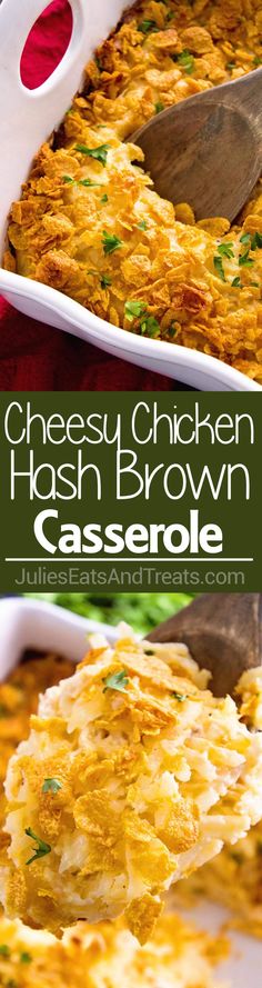 cheesy chicken hash browns casserole in a white dish