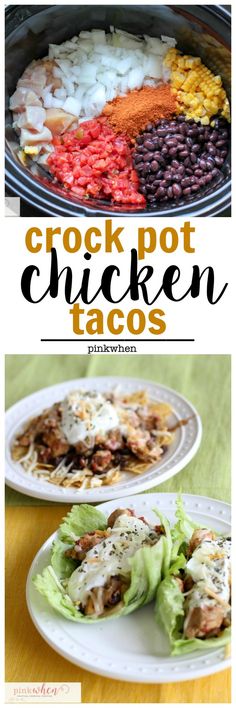 crock pot chicken tacos with lettuce and black beans on the side