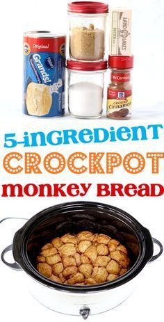 an image of a crockpot monkey bread recipe with ingredients in the background and text overlay