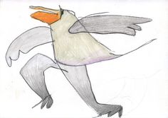 a drawing of a bird with an orange beak and long legs, flying in the air