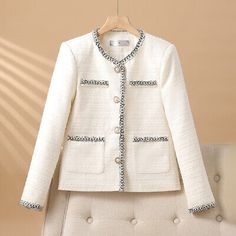 Womens Wool Coats Short, Chanel Sweater, Short Coats Women, Tweed Set, Chanel Black And White, Womens Tweed, Chanel Jacket, Clothing Sites, White Coat