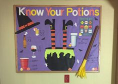 a bulletin board with witches on it and the words know your potions written below