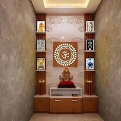 a small room with a buddha statue in the corner