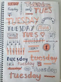 a spiral notebook with writing on it that says today and tuesday written in different languages