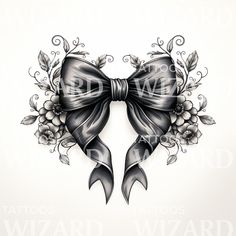 a bow with flowers and vines on it is drawn in black ink by tattoo wizard