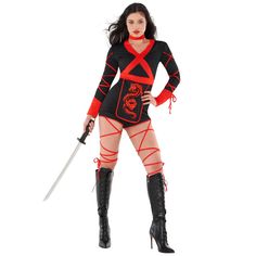 PRICES MAY VARY. Our women's ninja costume includes; a ninja detail playsuit, attached overskirt dragon panel, attached leg straps, attached hood, separate choker necklace, separate mask, plastic dagger, toy stars and other accessories. Please note, the long sword is not included High quality costume, with dragon ninja details. The playsuit is a comfortable jersey fabric, with back zip fastening. An attached hood finishes the look Our deadly red ninja costume for women comes in 4 sizes; Small, M Women Ninja, Ninja Halloween, Dragon Ninja, Red Ninja, Halloween Costume Women, Ninja Outfit, Female Ninja, Womens Costume, Costume Women