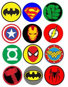 the avengers and superman symbol stickers are shown in different colors, sizes and shapes