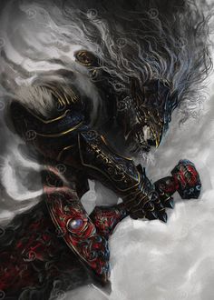 an artistic painting of a demon with long hair on his head and arms, kneeling in front of clouds