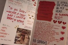 an open book with writing on it and pictures inside the pages that are covered in red ink