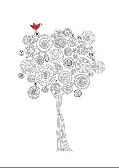 a drawing of a tree with circles and a bird sitting on top of the tree