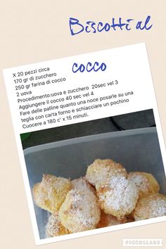 an advertisement for some type of dessert with sugar on it's edges and the words biscotti occo written in italian